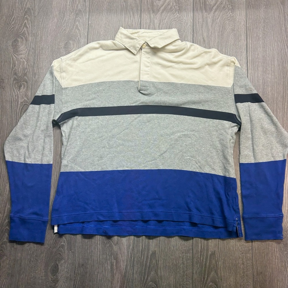 Banana Republic Mens XL Colorblock Rugby Polo Shirt Long Sleeve Grey Blue Cream
